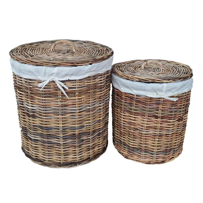 BME Furniture Wicker Rattan Round Laundry Hamper With Liner And Lid Set